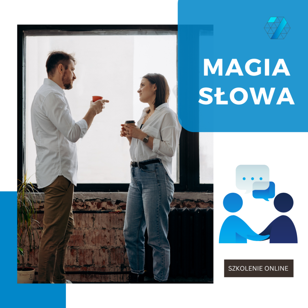 Grafika promocyjna szkolenia: kobieta i mężczyzna w białych koszulach rozmawiają z kubkami kawy przy dużym oknie, obok ikona dwóch postaci z dymkami rozmowy, napisy „MAGIA SŁOWA" i „SZKOLENIE ONLINE" oraz logo 7ELEMENT