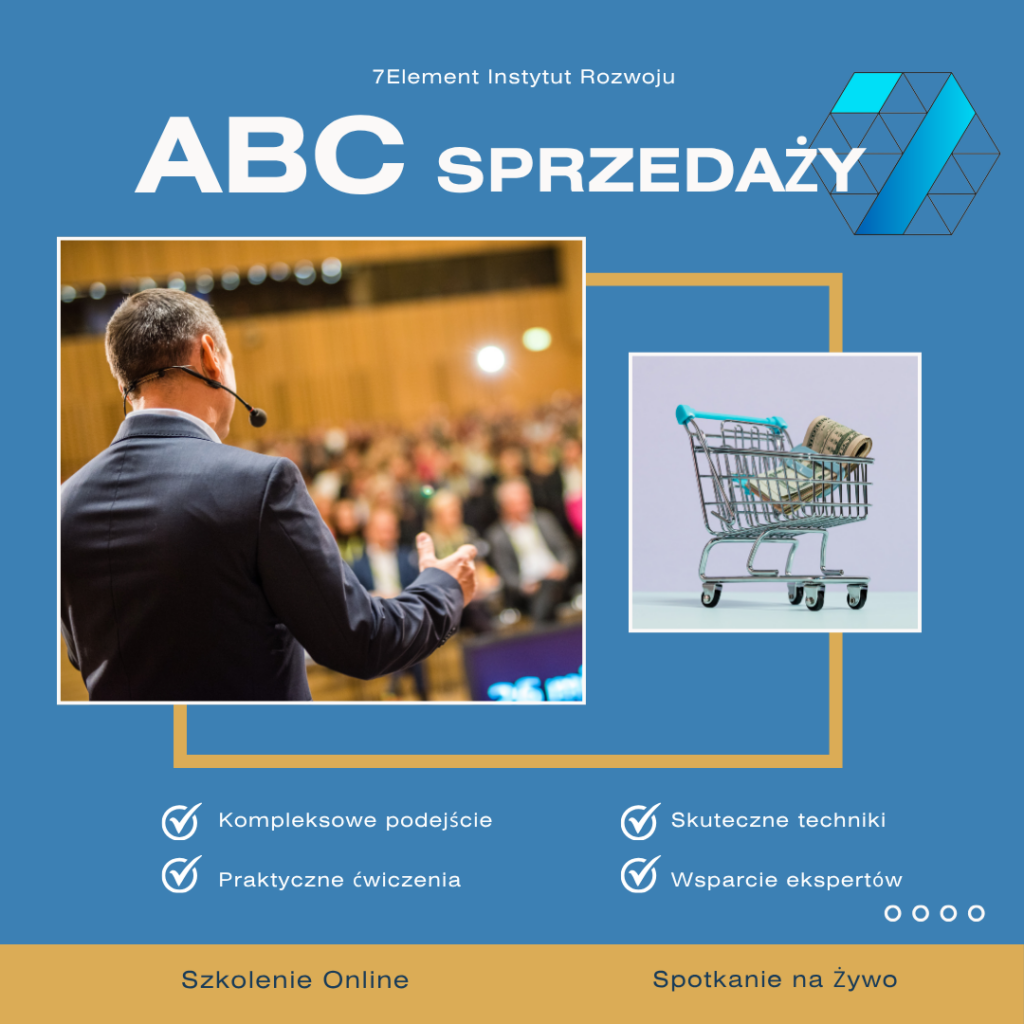 Grafika szkolenia ABC sprzedaży: mówca przemawiający do publiczności oraz wózek sklepowy z banknotami