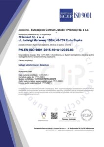 Certyfikat ISO 9001:2015 dla 7Element Sp. z o.o. — usługi szkoleniowe i doradcze